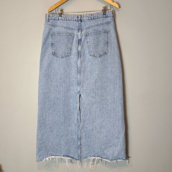 MANGO Womens Size XL Long Denim Maxi Skirt Light Blue Back Slit Raw Hem - Picture 5 of 9